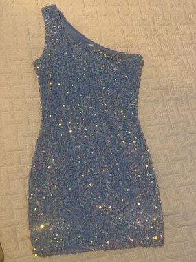 Velvi Blue Sequin One-Shoulder Mini Dress